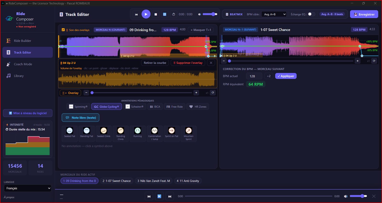 Le Track Editor de RideComposer : un overlay en bande orange sous la forme d'onde du morceau courant, et sa bande de volume ouverte en dessous